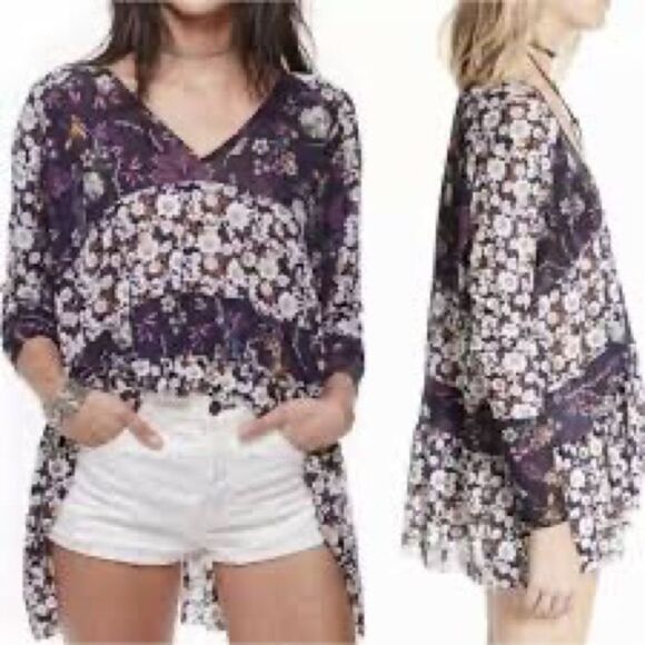 FREE PEOPLE TOP Floral Peasant Style Tunic Top Size S - Picture 9 of 9